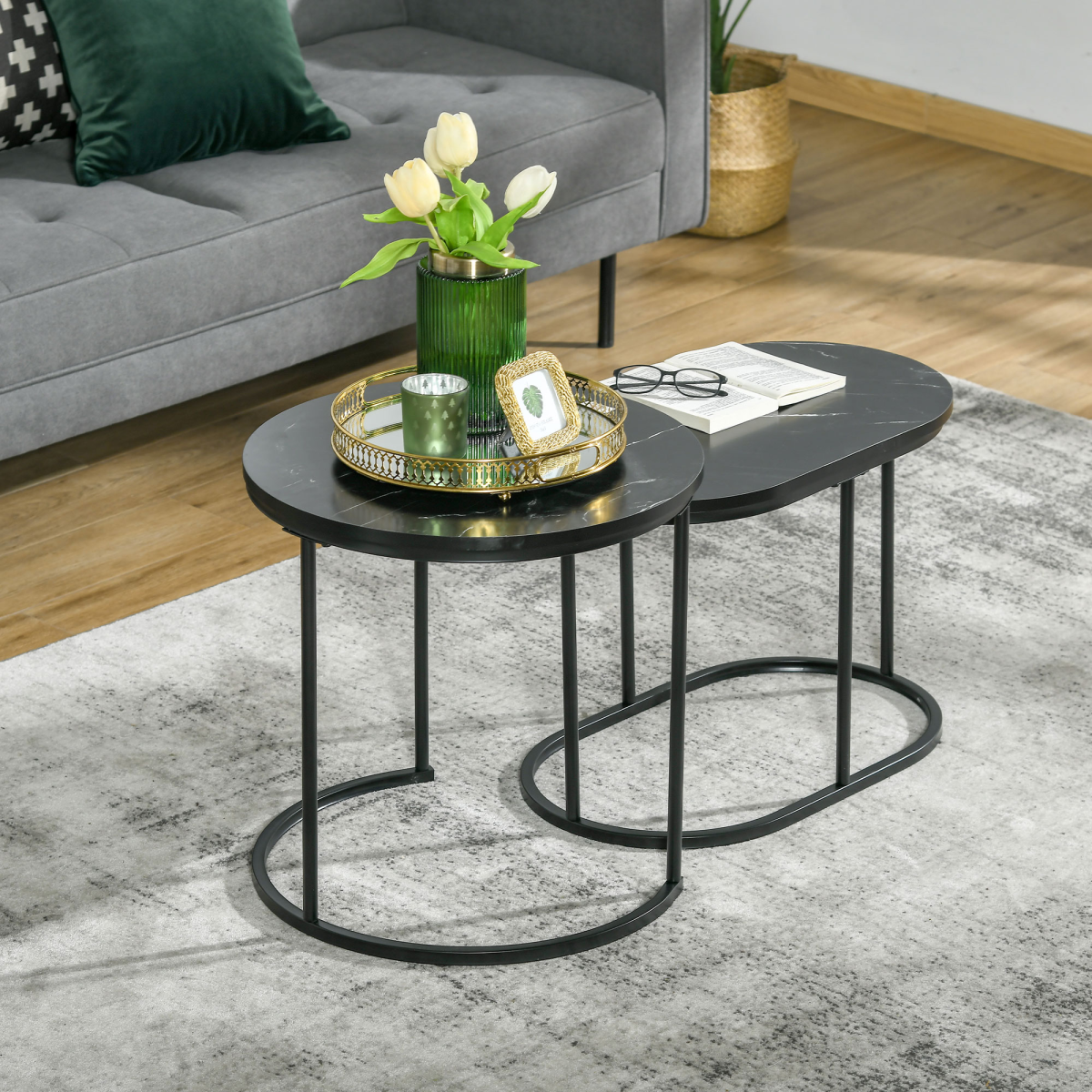 HOMCOM Two Piece Marble Top Side Tables Round And Oval Black Steel Frames Living Room Set
