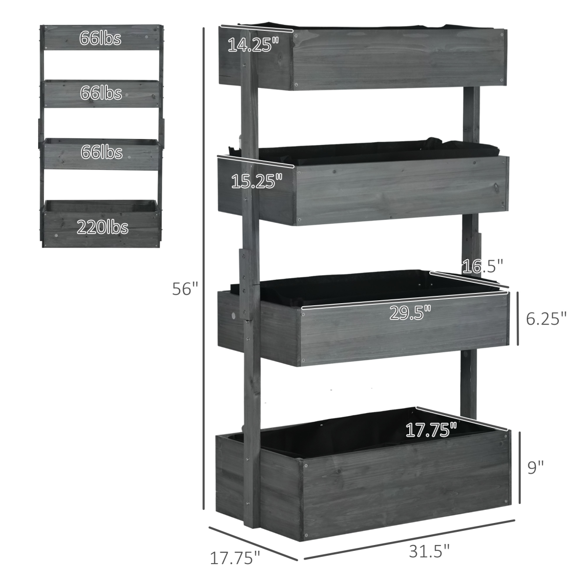 Galvanized Garden Planter Tower, 4-tier outdoor with breathable fabric bottoms and separate soil boxes.