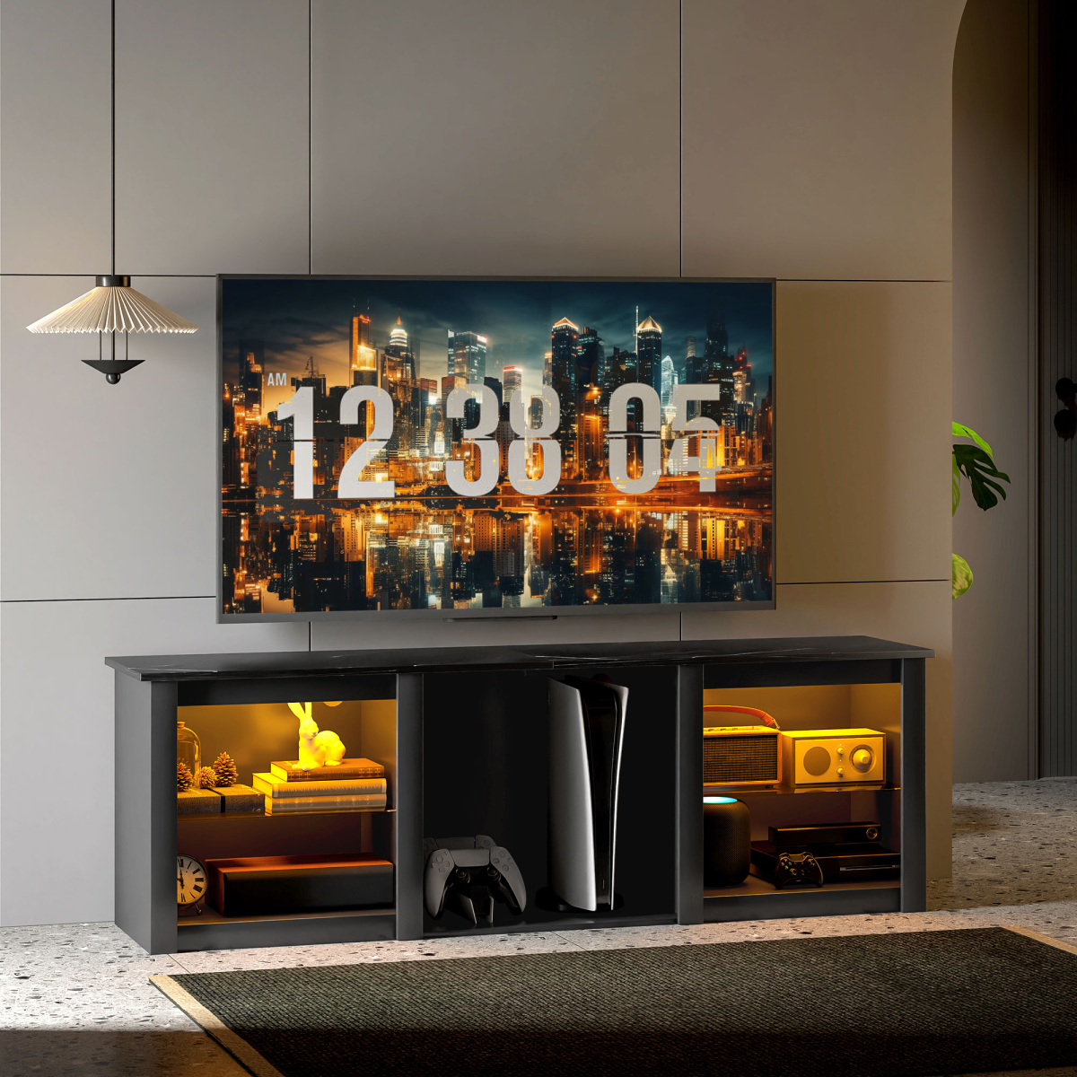 HOMCOM 160cm black TV unit with LED lights for 65-inch TV, marble-effect top and open shelves.