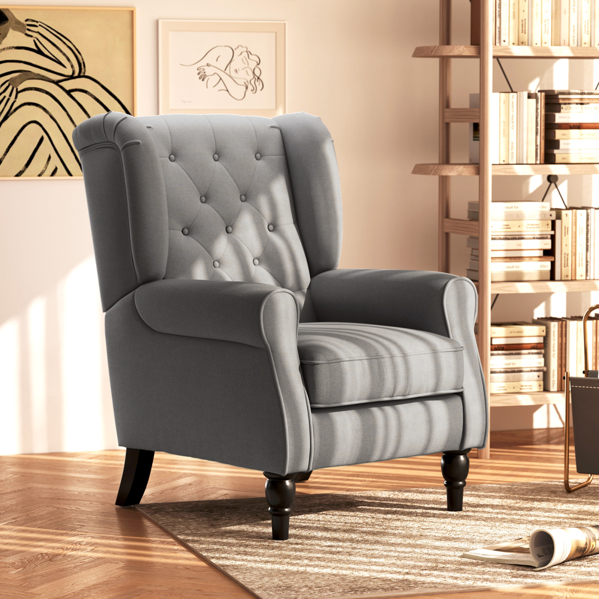 Accent Armchair in grey fabric with tufted back, high wingback, padded seat, and wooden legs.