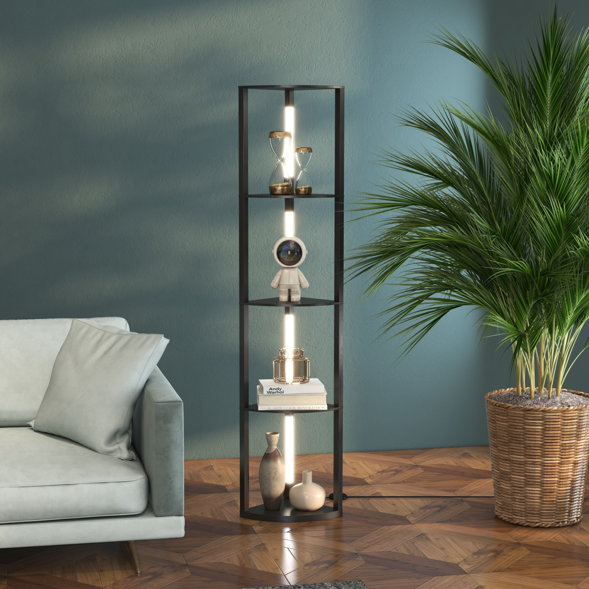 HOMCOM Corner Floor Lamp with Dimmable Warm White LED Light, for Living Room features three shelves for decor.