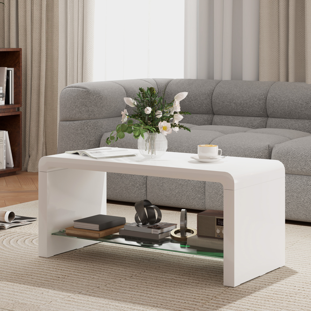 HOMCOM High Gloss Storage Coffee Table Two Tier White With Glass Shelf For Living Room