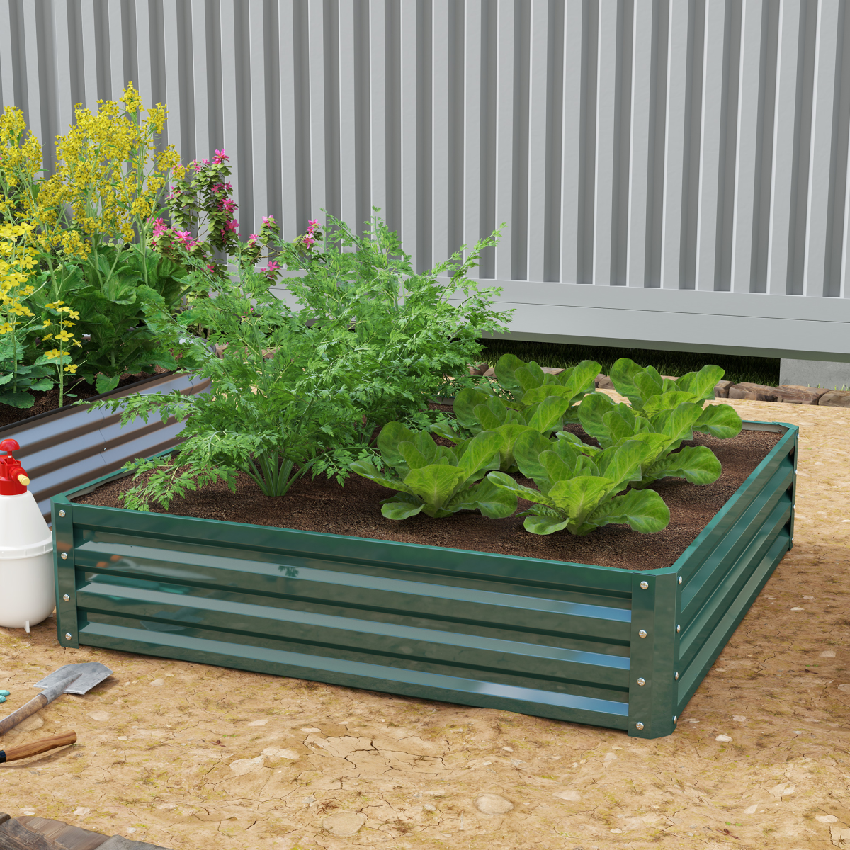 Premium raised garden bed 120x120cm with open bottom, growing vegetables, herbs and leafy greens.