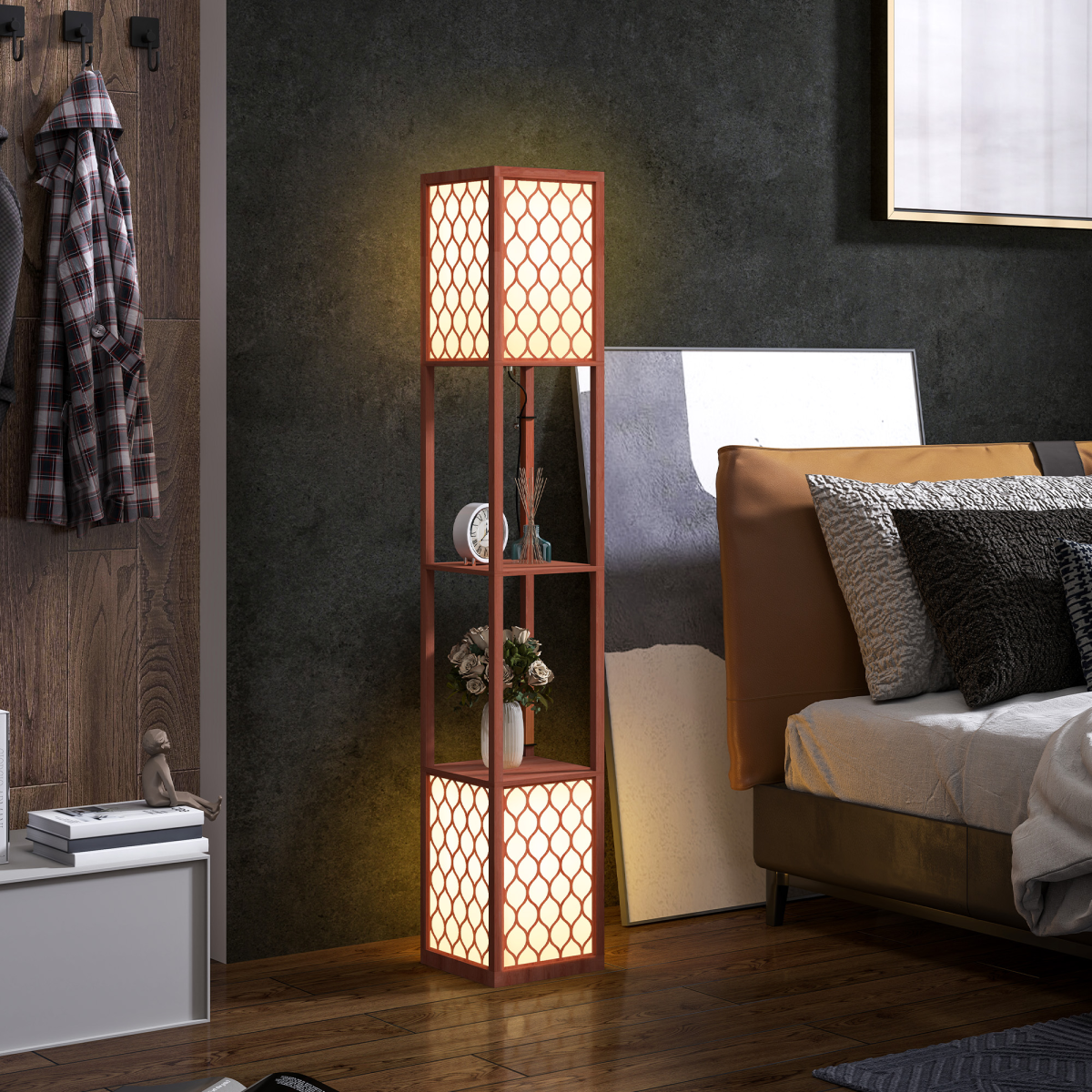 HOMCOM 2-Light Modern Floor Lamp with Shelves for Living Room, Bedroom, Brown, adds style and functionality to any space.