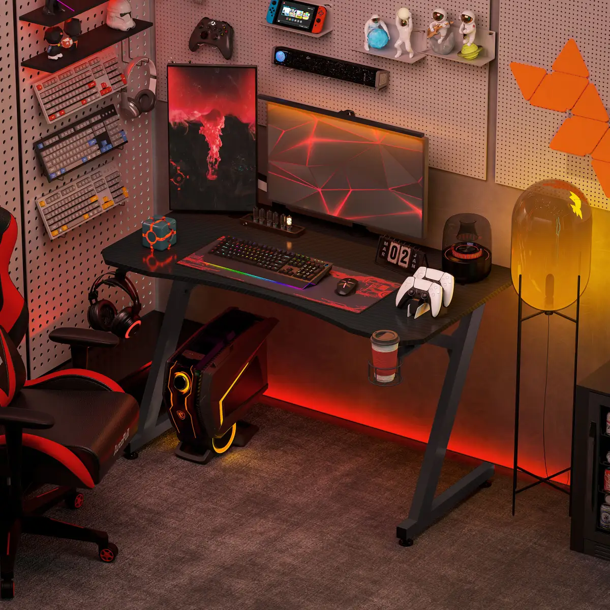 Unbranded Gaming Desk Steel Frame Cup Headphone Holder Adjustable Feet Home Black - Desk