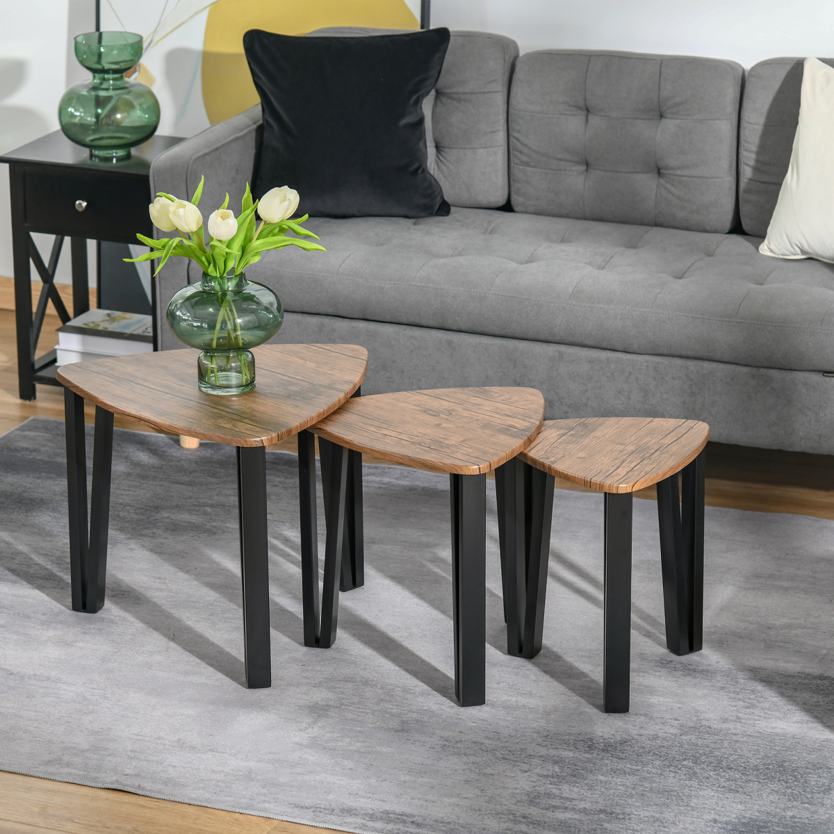 Premium Walnut Triangular Stackable Coffee Table Set V Shaped Metal Legs Living Rooms