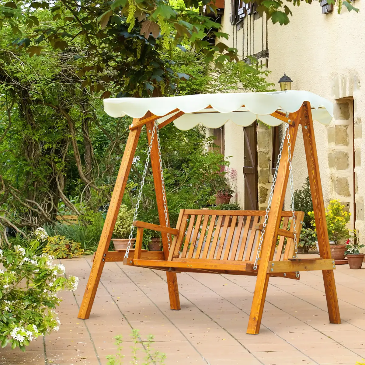 Outsunny 2-Seater Wood Garden Chair Swing Bench Lounger-Cream - Hammocks
