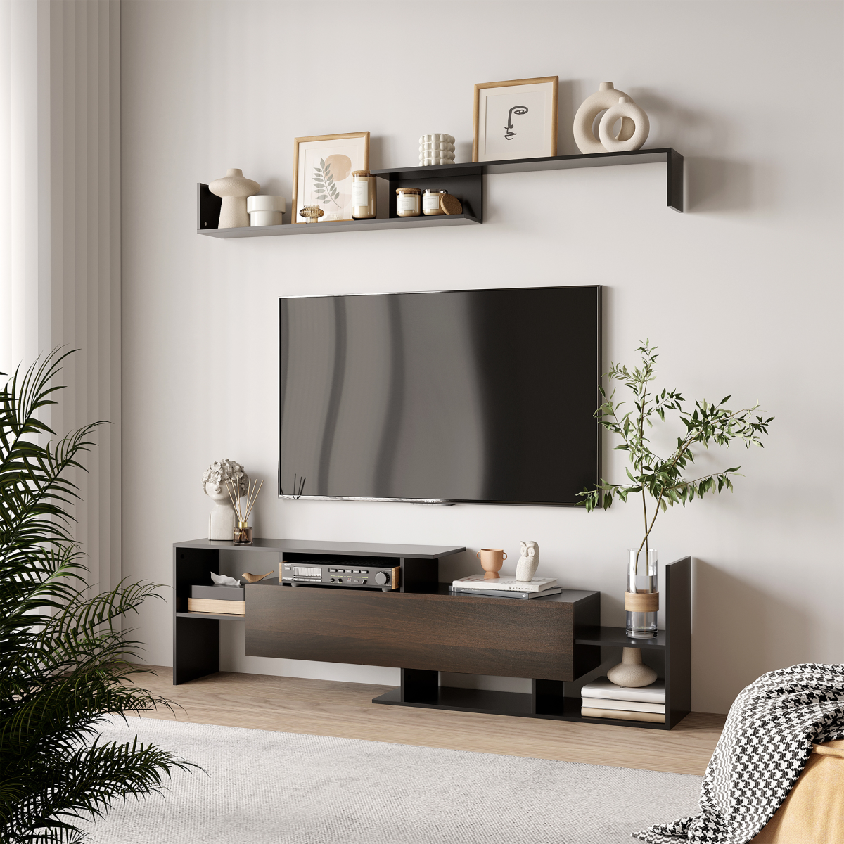 HOMCOM TV cabinet with concealed flip-down storage and open side shelves, plus wall shelf in living room.