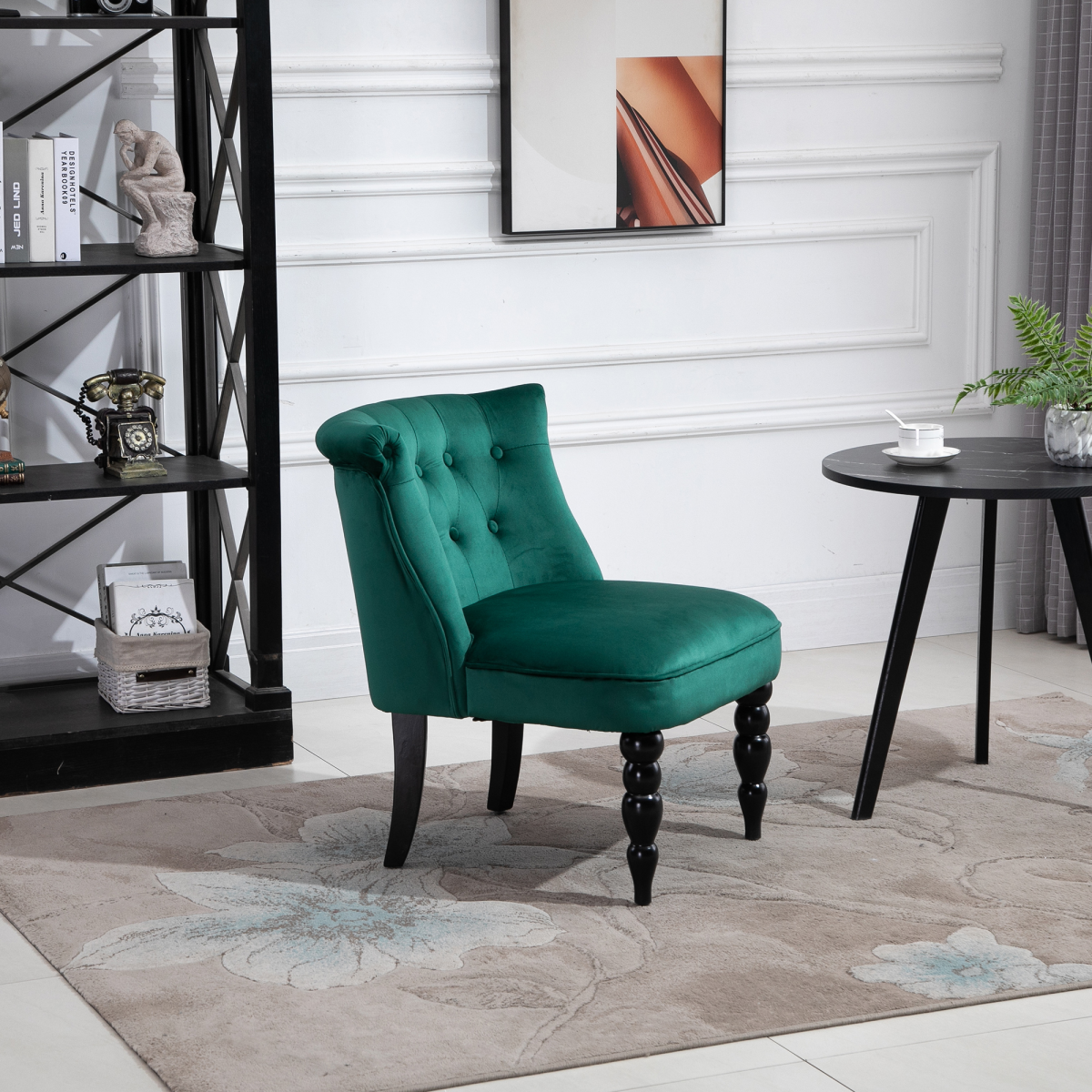 HOMCOM Velvet Wingback Chair Tufted Back Rubber Wood Legs in emerald green adds vintage charm to a modern living room.