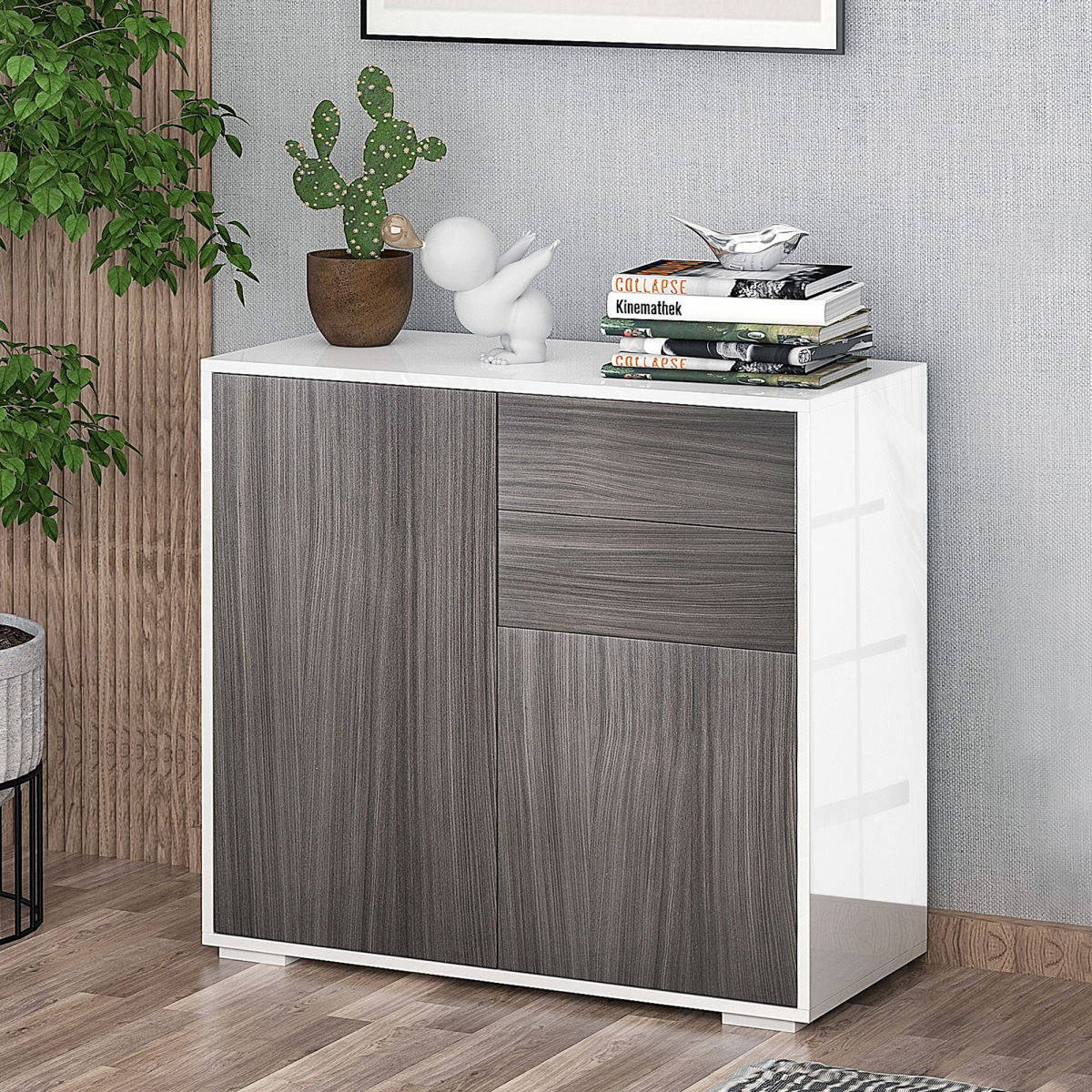 Premium Side Cabinet Compact Two Doors Two Drawers Glossy Top Matte Front Grey For Home Office - HOMCOM - Home Symphony