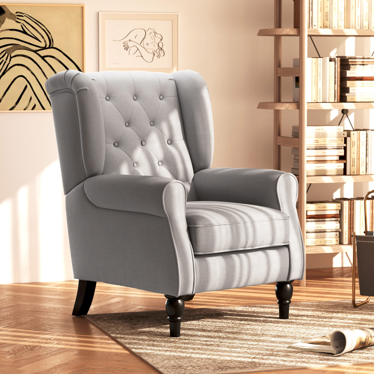 Retro wingback accent chair with tufted back, light gray fabric and medium wood frame in living room.