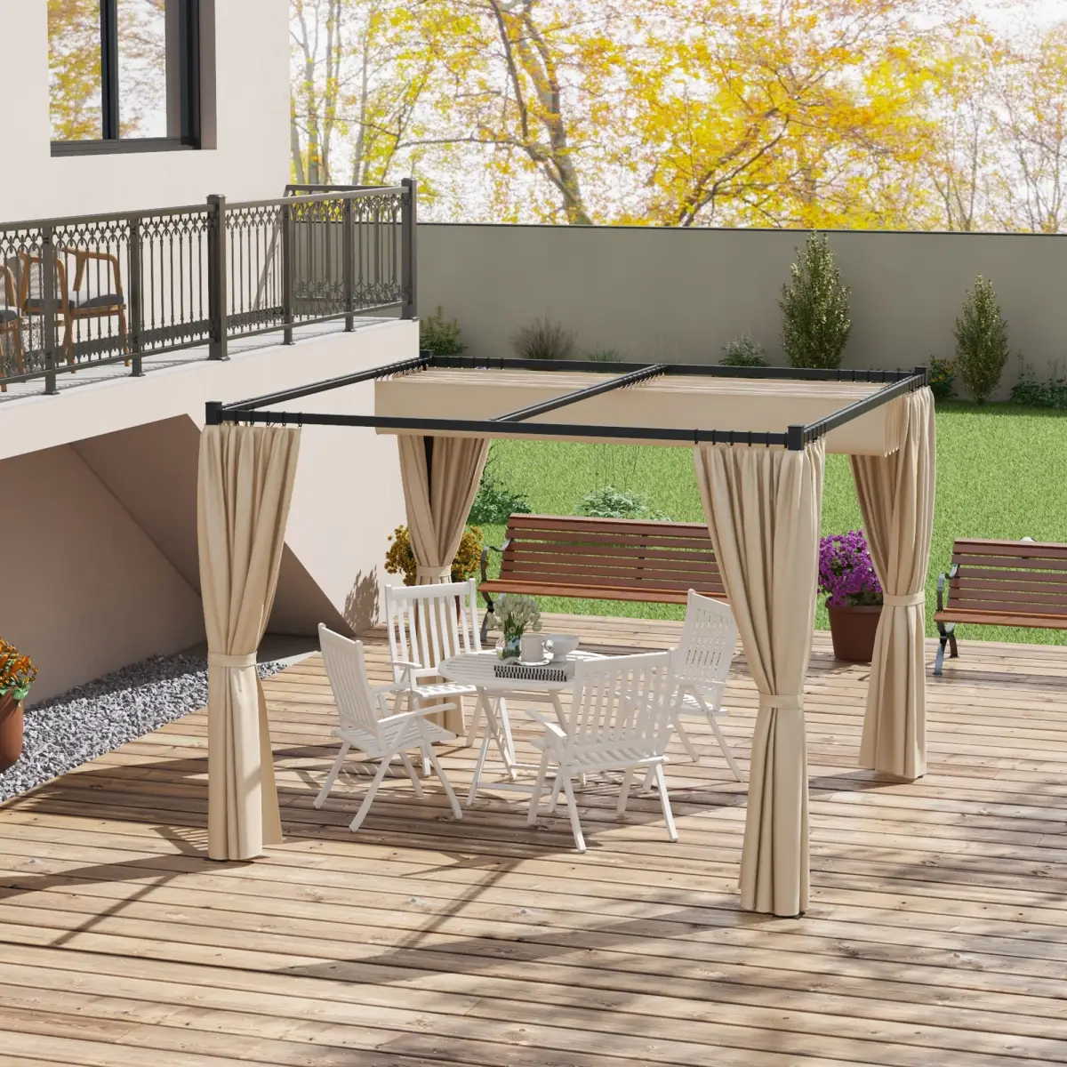 Outsunny Outsunny 3 x 3(m) Pergola with Retractable Roof and Curtains, Beige - Gazebos