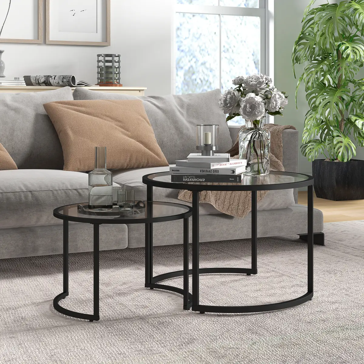 HOMCOM HOMCOM Glass Coffee Table Set of 2, Round Nest of Tables for Living Room - Coffee Table