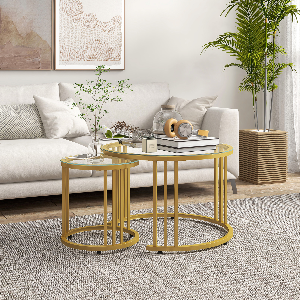 HOMCOM Nesting Coffee Tables Two Piece Set Tempered Glass Tops Gold Art Deco Living Room Decor - HOMCOM - Home Symphony