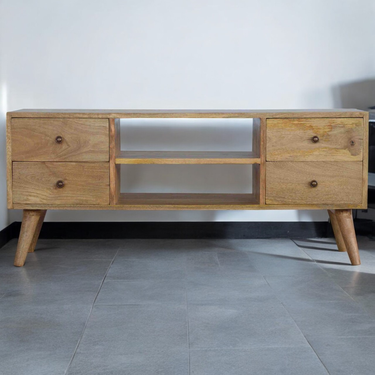 Artisan solid wood Nordic TV console with four drawers and open center shelf.