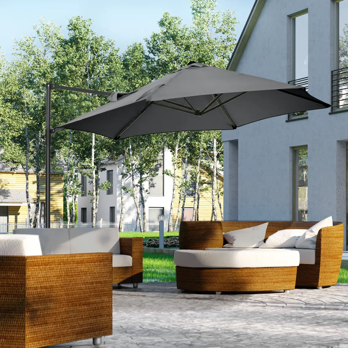 Outsunny 2.5M Garden Cantilever Parasol W/ 360 Rotation and Cross Base, Dark Grey - Parasol