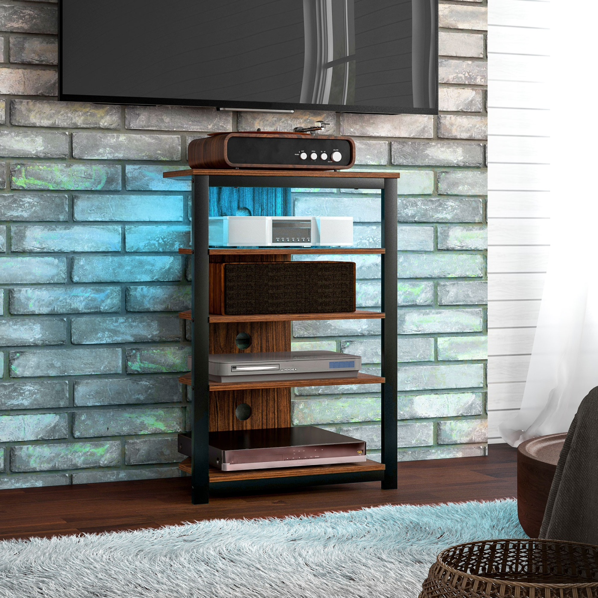HOMCOM four-tier TV stand with RGB LED lighting, four open shelves, space-saving corner design for a 29-inch TV.