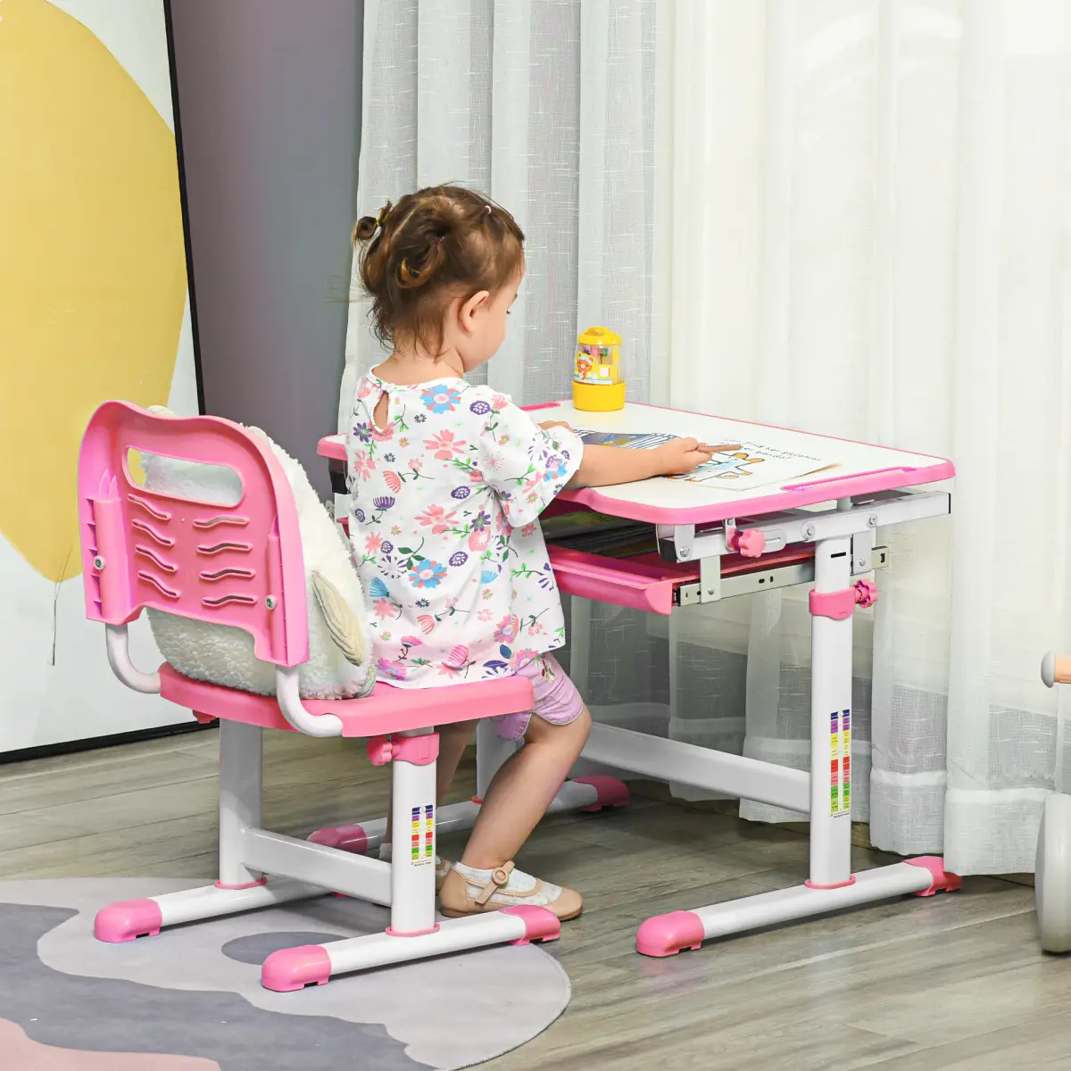 HOMCOM Kids Desk and Chair Set, Height Adjustable Desk with Drawer, Pen Slot, Hook - Desk