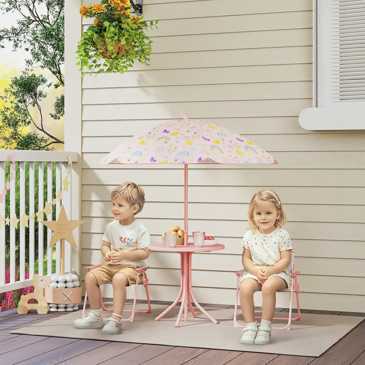 AIYAPLAY AIYAPLAY Kids Garden Table and Chair Set, Outdoor Patio Set w/ Parasol, Pink - Picnic Tables