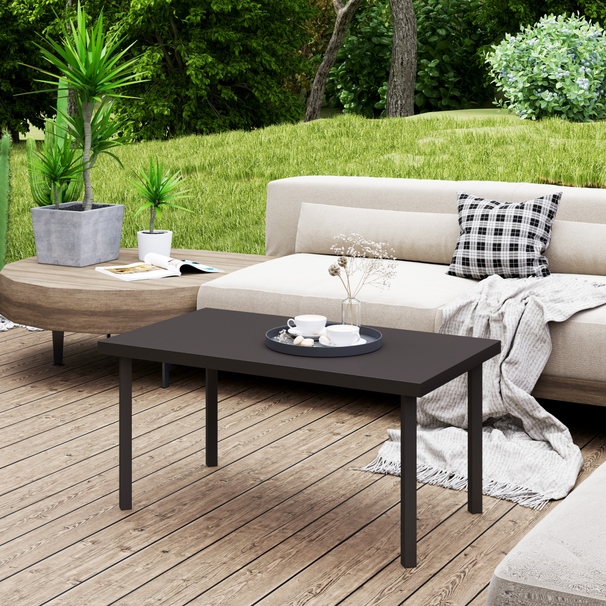 Outsunny Metal Garden Coffee Table 95x55 cm Tabletop Woodgrain Finish for Outdoor Patio - Outsunny - Home Symphony
