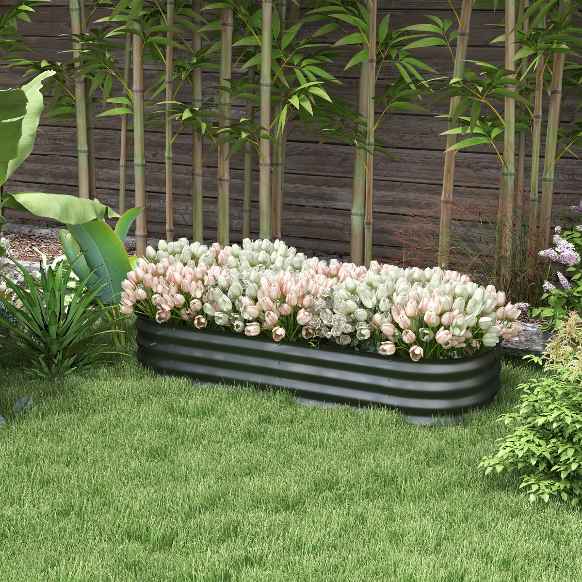 Outsunny raised garden bed planter with safety edging, black ribbed frame, filled with pink-white tulips.