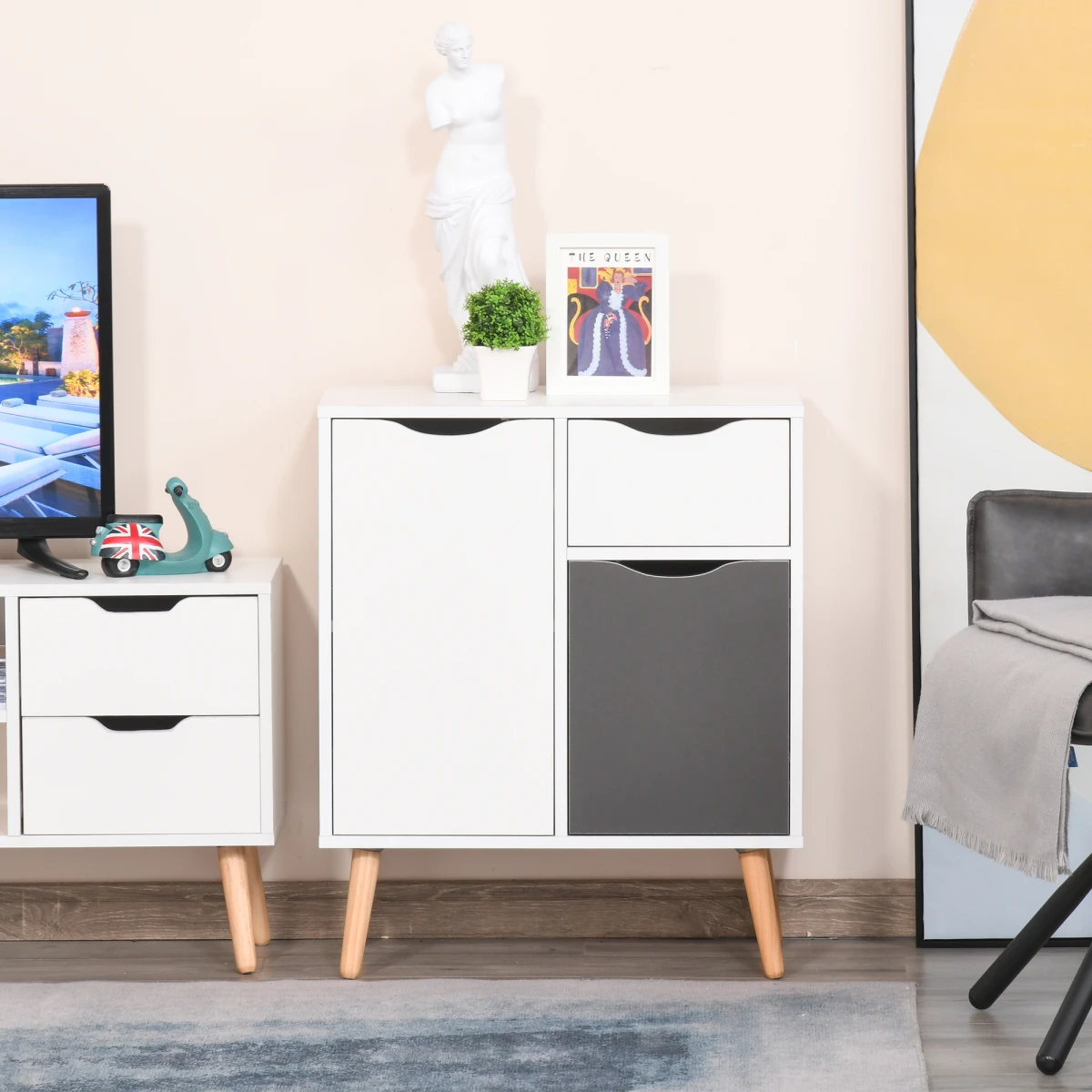 Unbranded Scandi White Floor Cabinet Compact With Drawer And Three-Section Storage For Bedroom And Living Room - Chest of Drawers