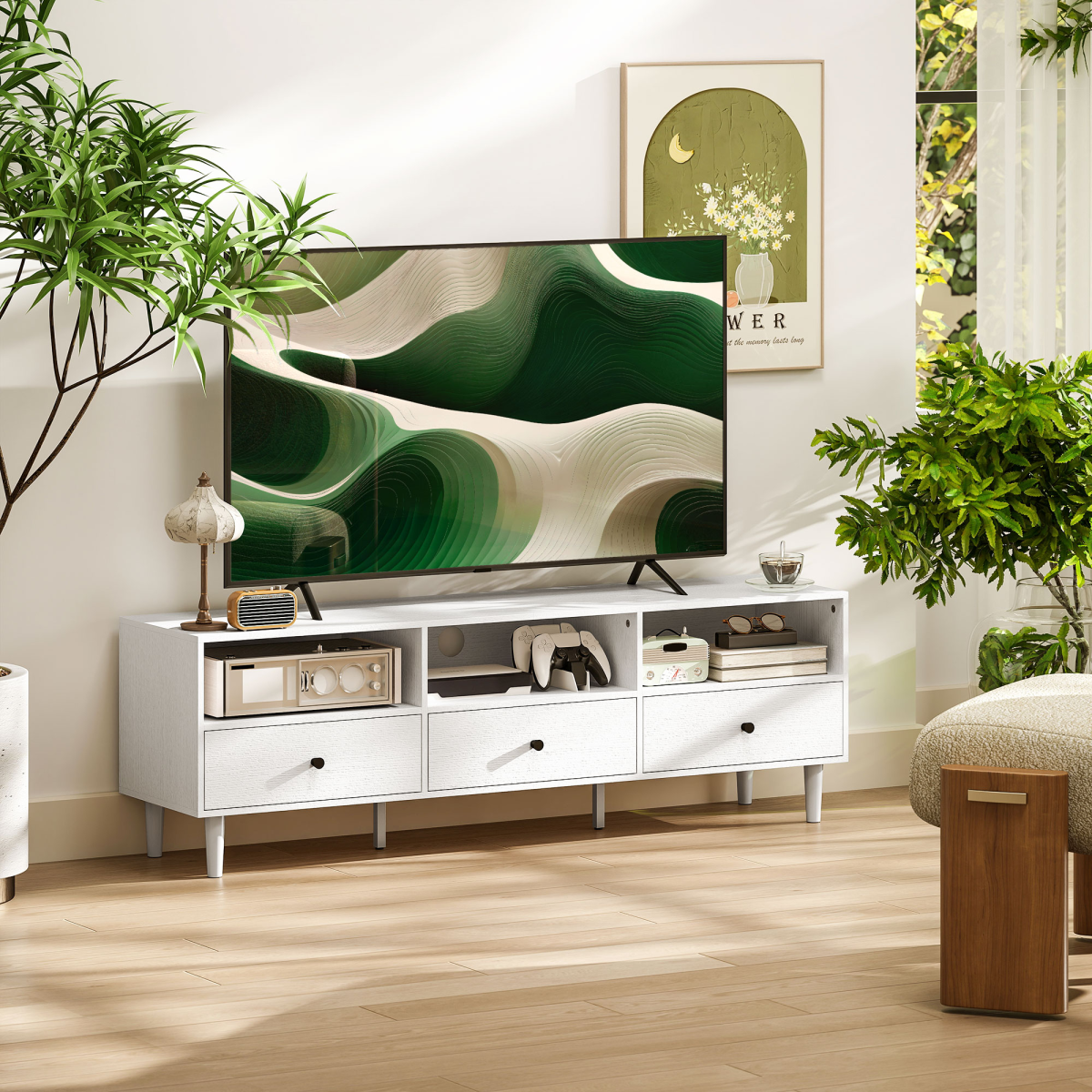 HOMCOM 75-Inch TV unit with three drawers and three open shelves in white living room.