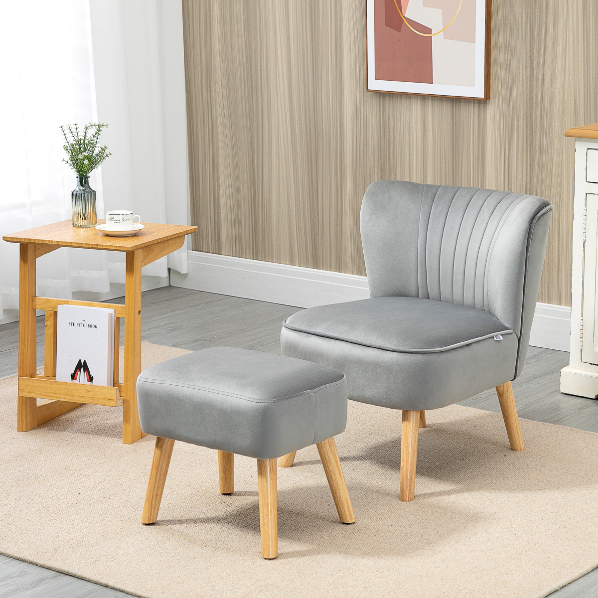 Home Symphony Velvet Feel Accent Chair Ottoman TubSeat Padding Wood Legs in grey velvet with light wood legs