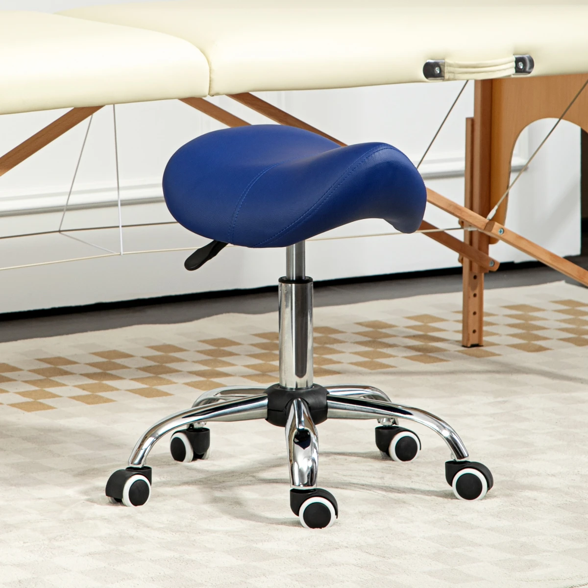 HOMCOM Saddle Stool 49-61cm Blue PU Leather 5-Wheel Base for Salons and Home Beauty by HOMCOM
