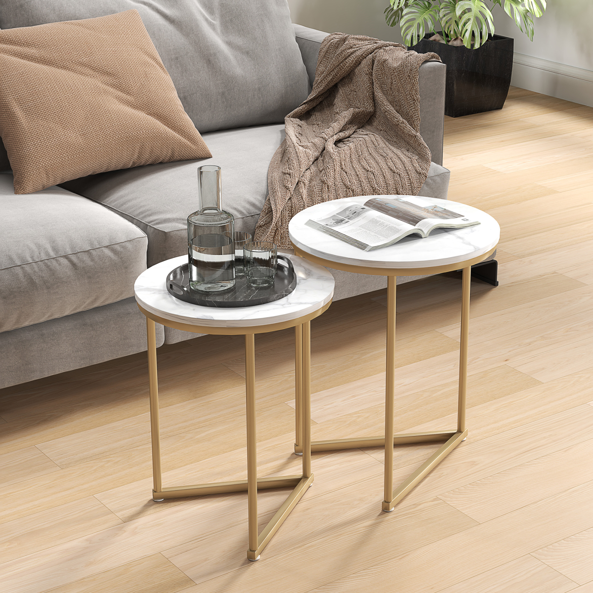 HOMCOM Nesting Coffee Tables Set of 2 With Marble Look Tops and Gold Frames for Modern Living Room - HOMCOM - Home Symphony