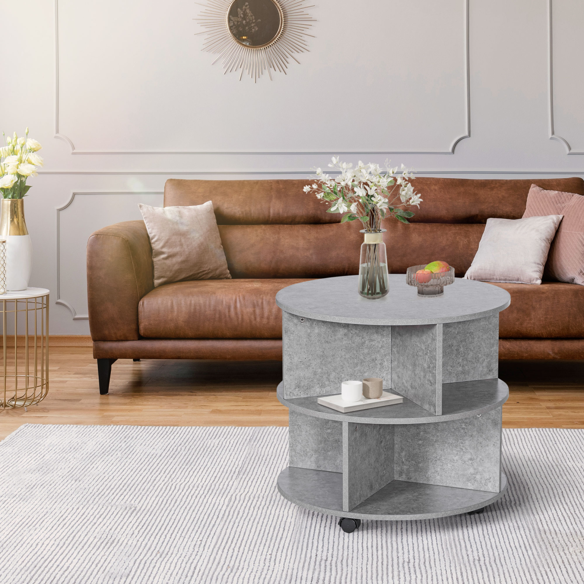 Concrete Finish Round Coffee Table 60x39.5cm Two Tier With Sector Shelves For Living Room - HOMCOM - Home Symphony