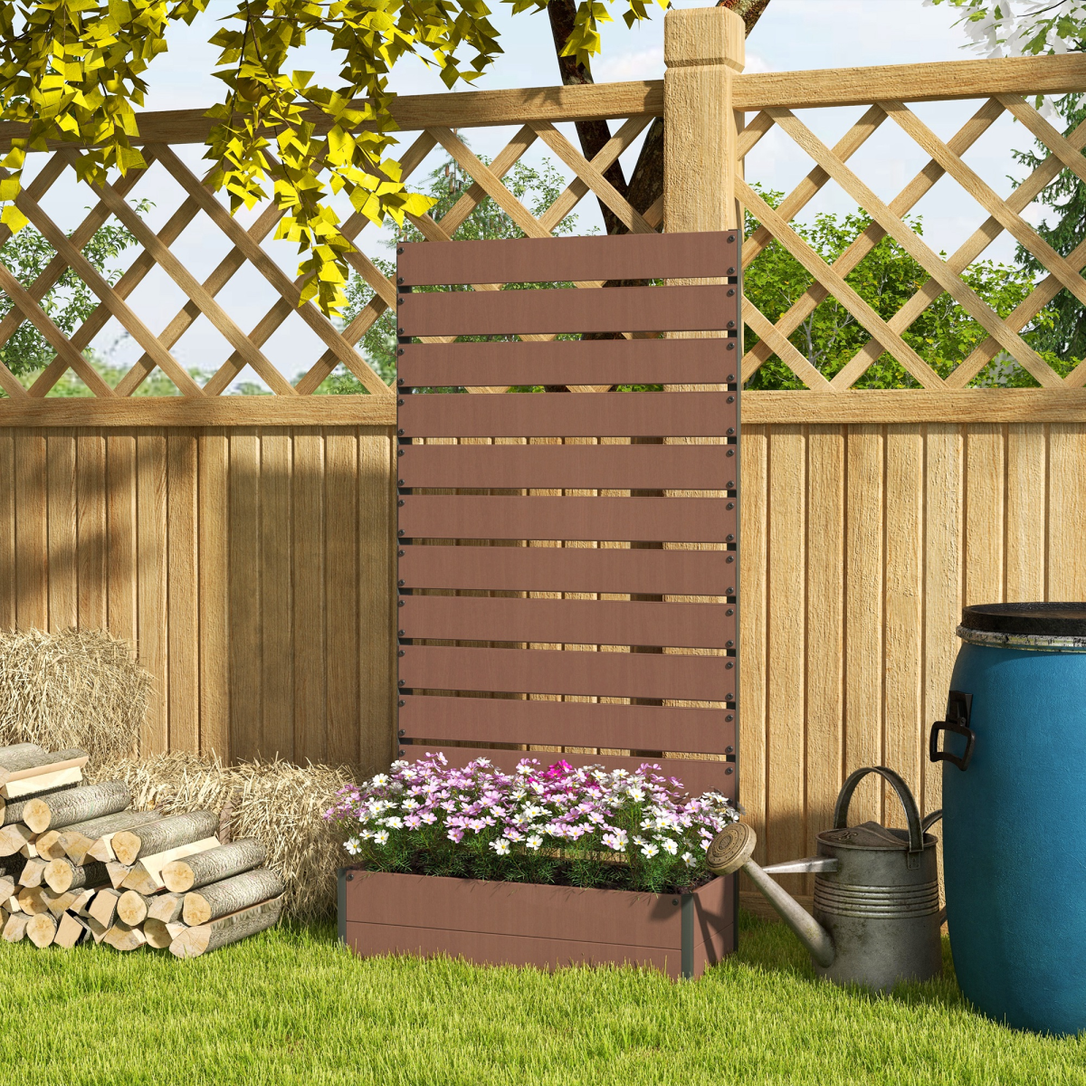 Outsunny raised garden bed with trellis for patio, brown slatted panel over a planter with blooming flowers.