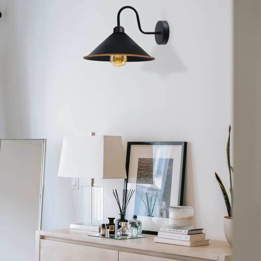 Black Gold Wall Light Fixture Standard Dimmable Home Decor by Home Symphony—black cone shade with warm downward light