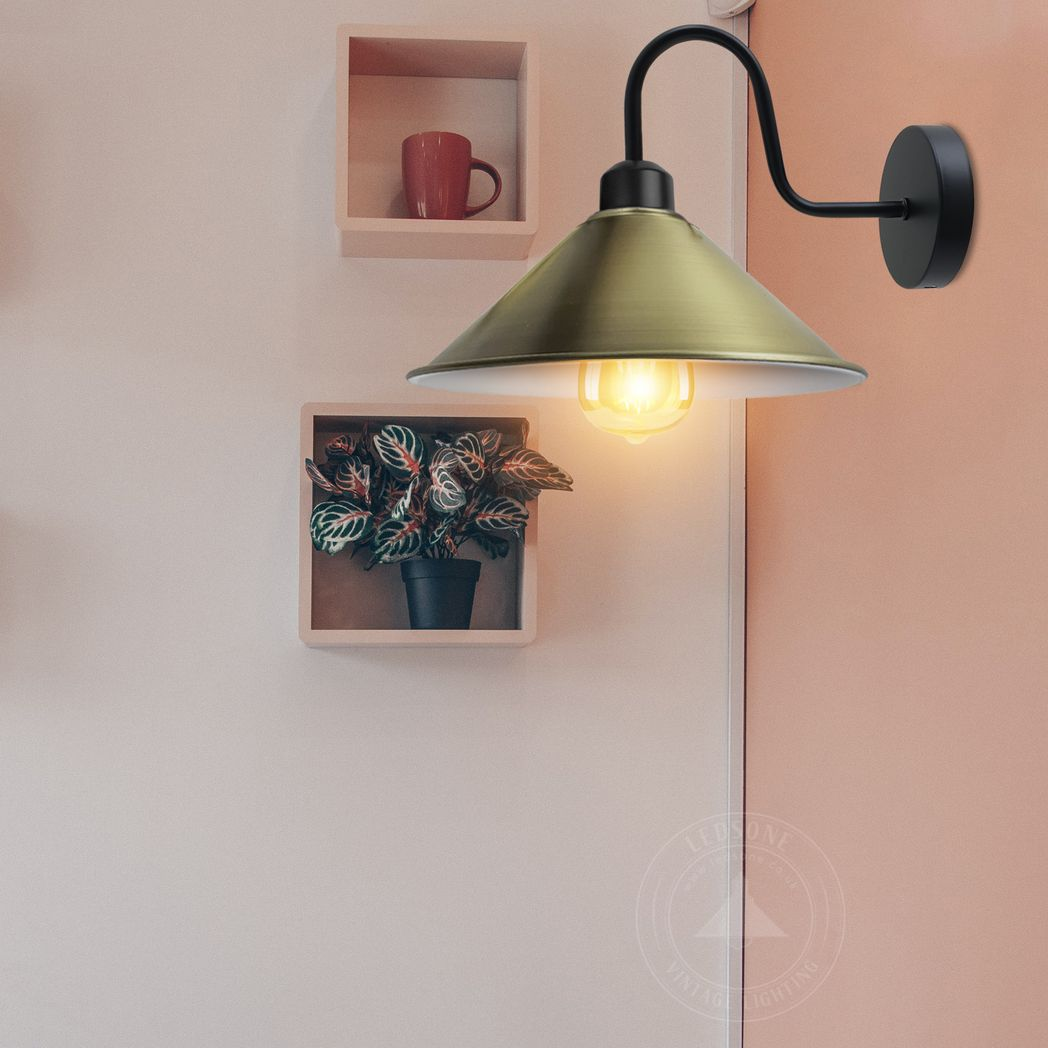 Green Brass Wall Light Cone Shade Swan Neck Sconce For Home by Lidone Lighting on peach wall.
