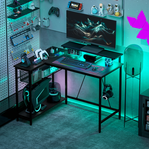 HOMCOM L Shaped Desk with LED Lights Reversible Corner Gaming Desk with Storage - Home Symphony