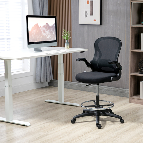 Vinsetto Draughtsman Chair Tall Office Chair w/ Adjustable Footrest Ring Black, perfect for higher surfaces and comfort.