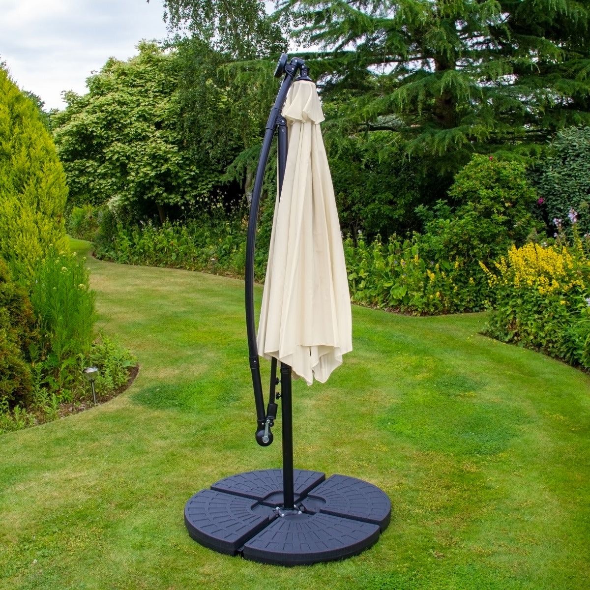 Cream Cantilever Parasol 3m LED Fan Base Garden