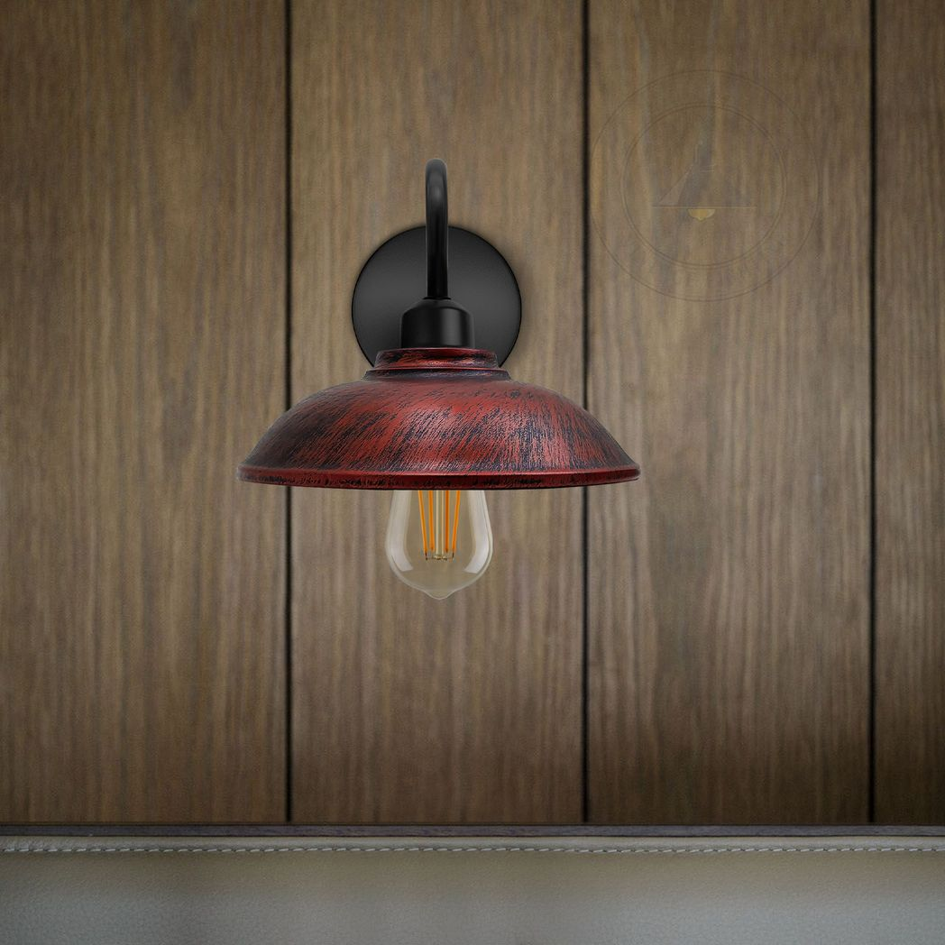 Rustic Red Wall Sconce 8in E27 Swan Neck Hemisphere Shade by Home Symphony