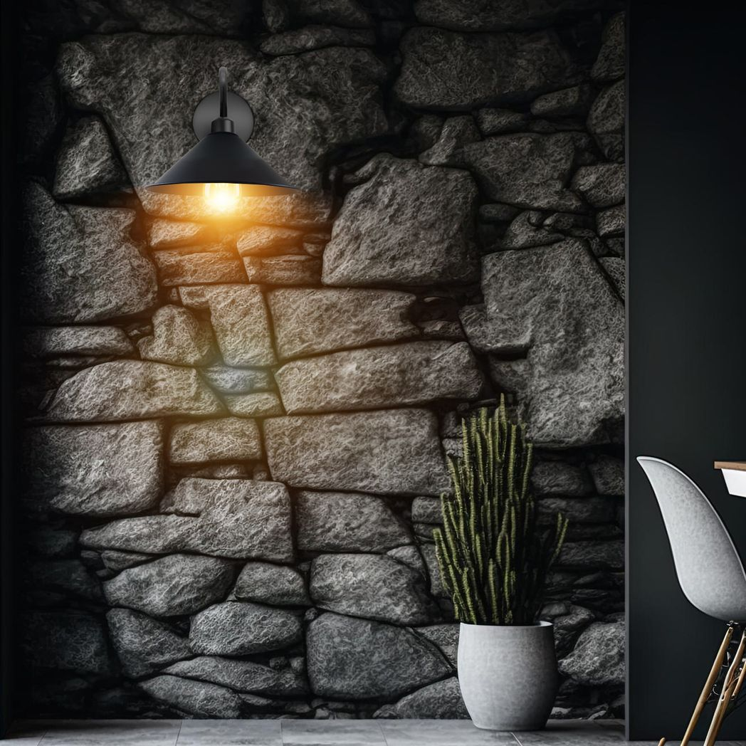 Home Symphony Premium Wall Light 8In Cone Shade Swan Neck E27 For Home on a stone wall with warm glow