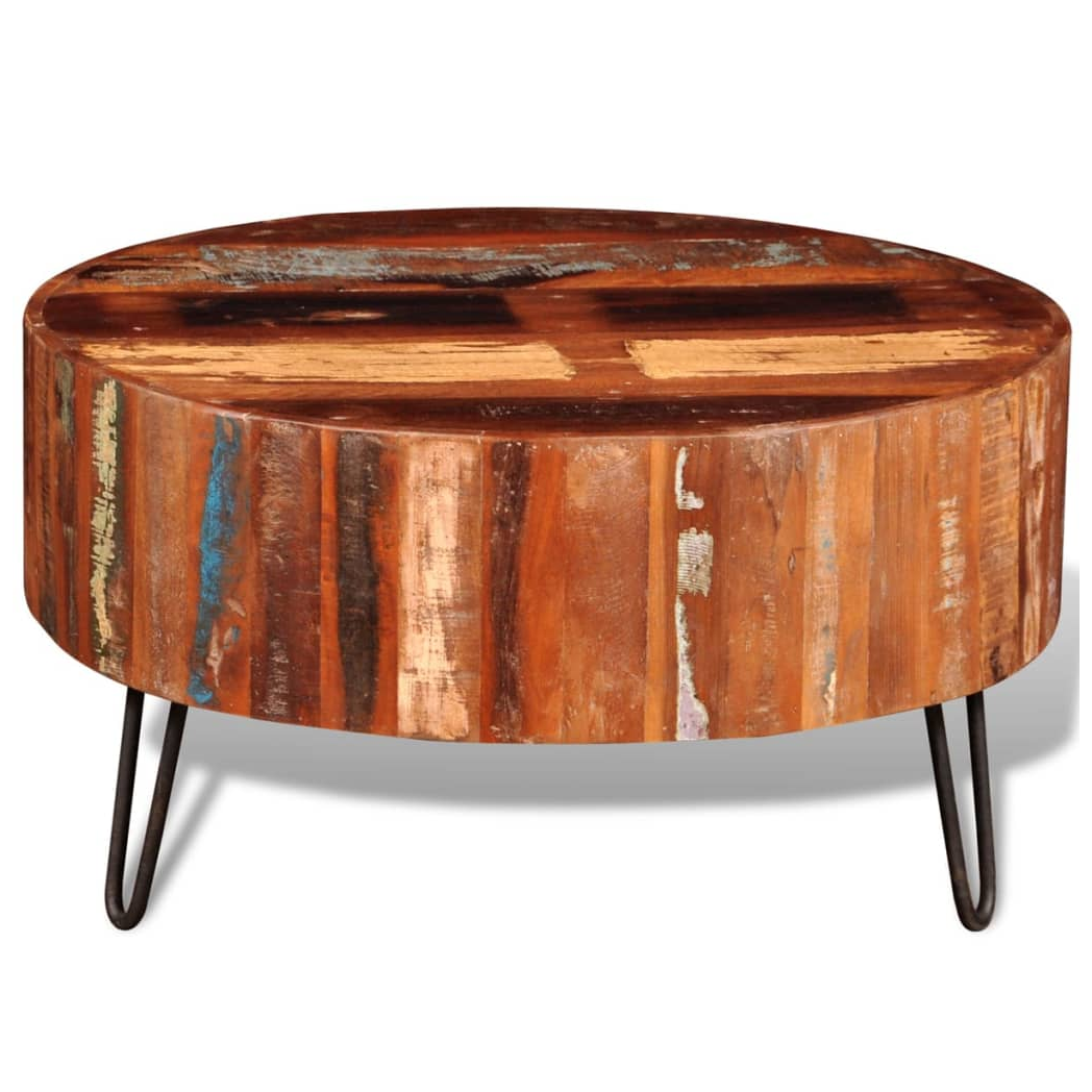 VidaXL Round Reclaimed Wood Coffee Table With Solid Top And Iron Hairpin Legs For Living Rooms