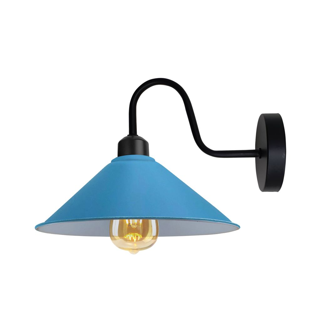 Premium Wall Light Cone Shade Swan Neck E27 Base Blue Home with blue cone shade on a curved swan neck wall mount.