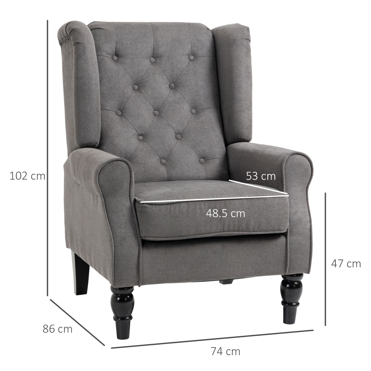 Grey fabric Accent Armchair with tufted wingback, high arms and padded seat on wooden legs.