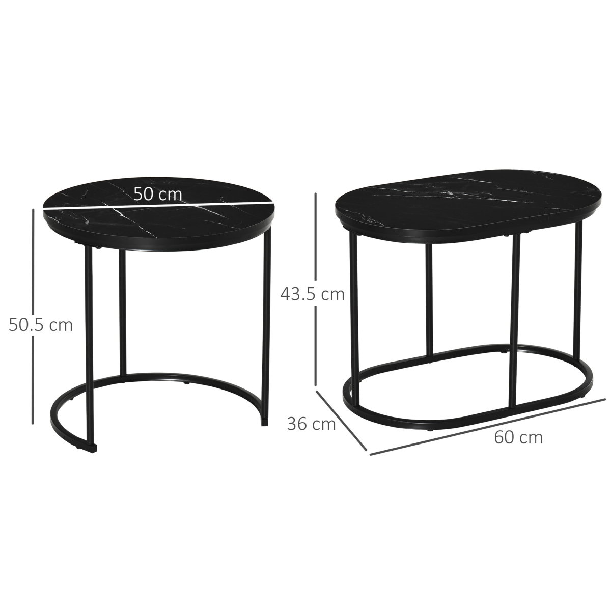 HOMCOM Two Piece Marble Top Side Tables Round And Oval Black Steel Frames Living Room Set - HOMCOM - Home Symphony