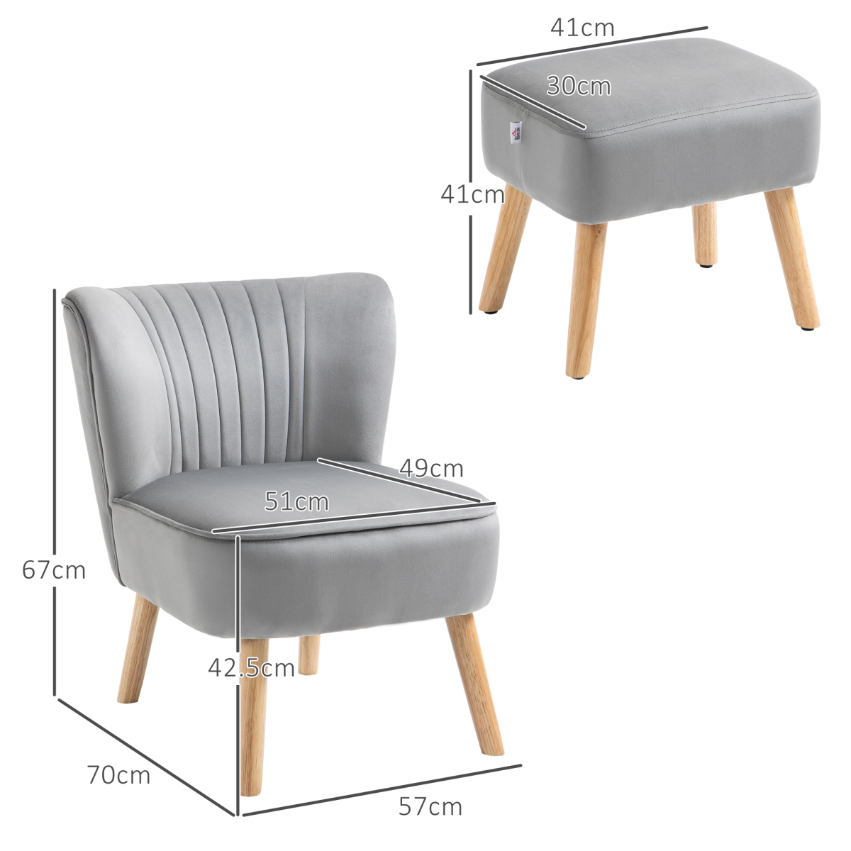 Velvet Feel Accent Chair Ottoman TubSeat Padding Wood Legs by Home Symphony - grey velvet chair & ottoman set