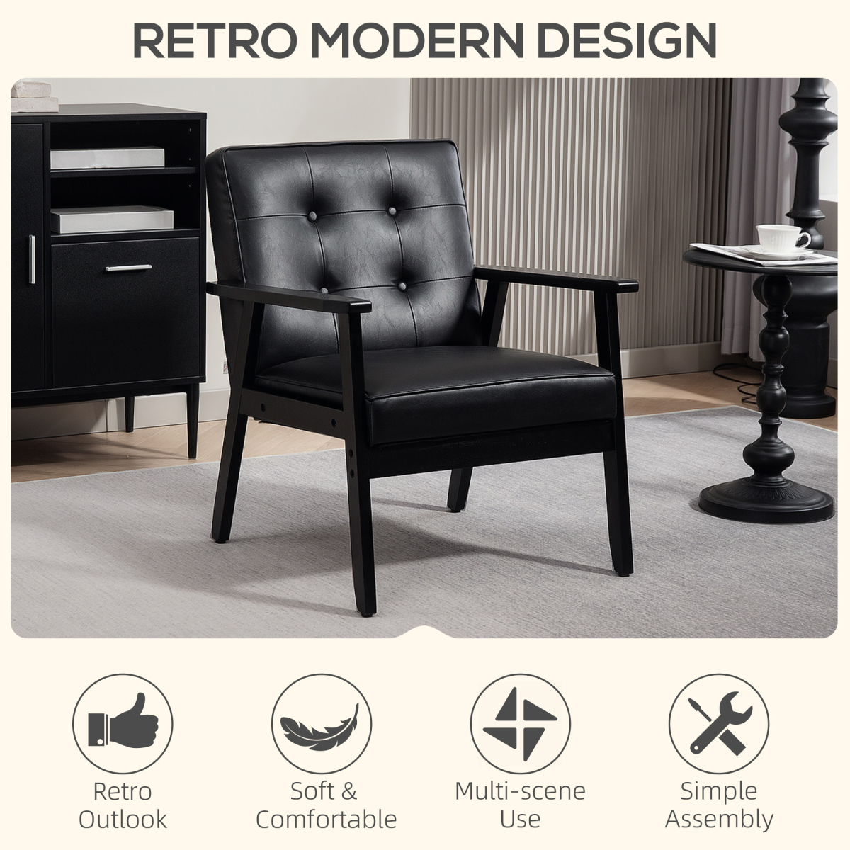 HOMCOM PU Leather Accent Chair With Armrests Living Room in black PU leather with a rubber wood frame, retro-modern.