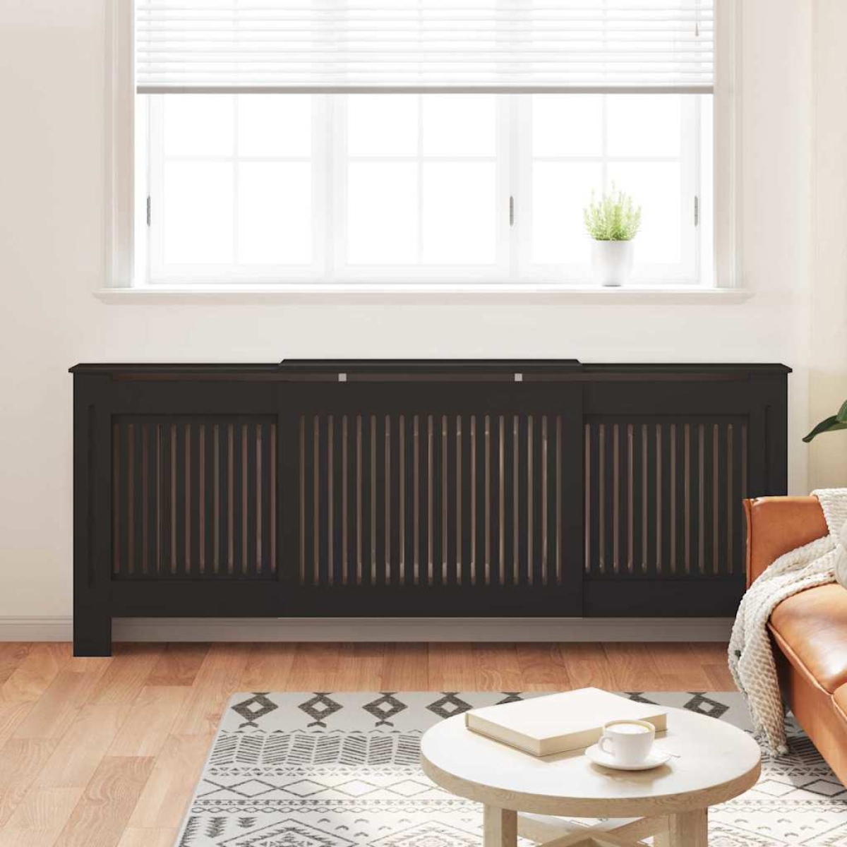 VidaXL Radiator Cover 142-205 cm Wide 20.5x81.5 cm Black Slatted Front 2-Piece for Living Rooms