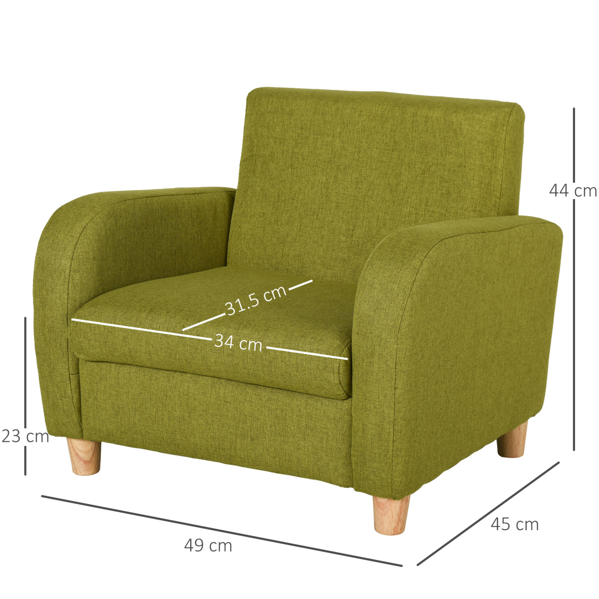 HOMCOM green child armchair with wood frame and padded linen seat; compact, 49 cm wide, 45 cm deep, 44 cm high.