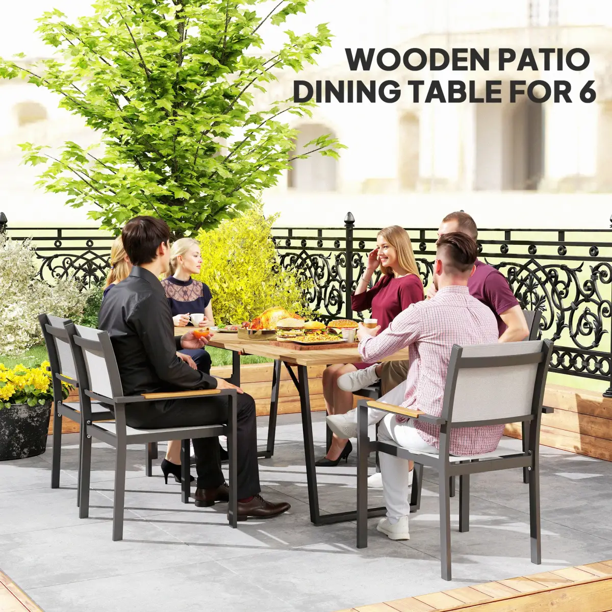 Outsunny Outsunny Wooden Garden Table for 6 with 5cm Parasol Hole for Balcony Terrace - Garden Table