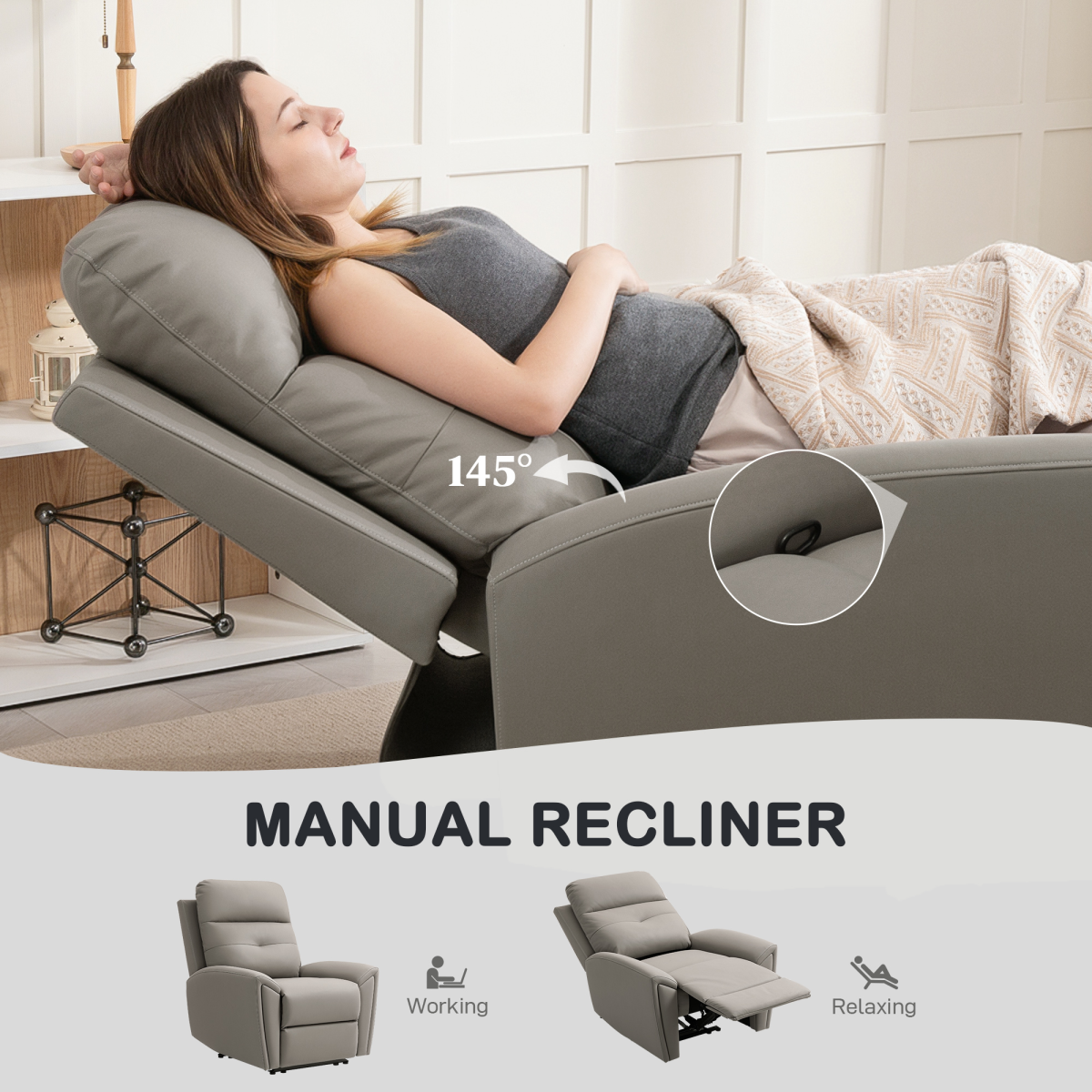 HOMCOM Full Size Manual Recliner Armchair For Living Room — a grey recliner with 145° backrest in a cozy living room