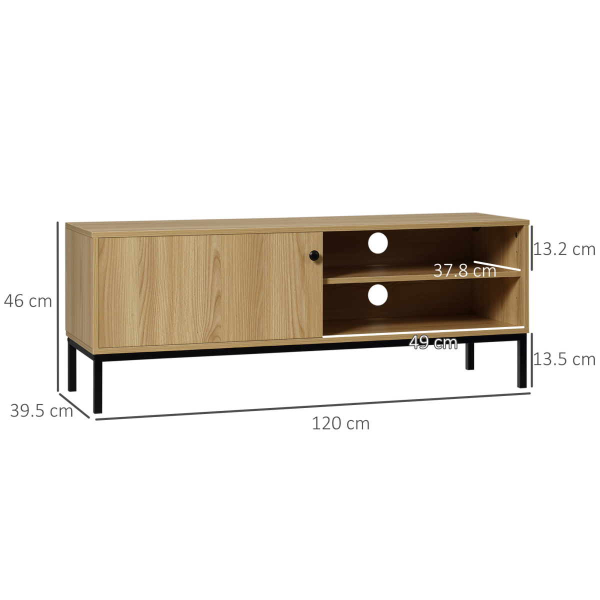 HOMCOM 50-Inch TV stand with sliding door, two open shelves for cables, wood finish, black metal legs for living room.